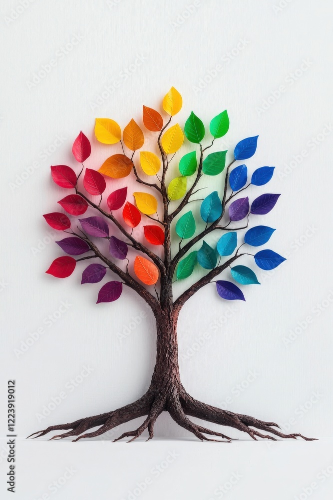 Poster a symbolic rainbow tree rooted in diversity and unity.