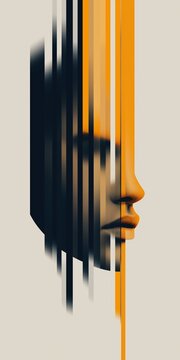 Abstract portrait of a face with dynamic black and orange vertical lines for bold and modern mobile wallpaper design