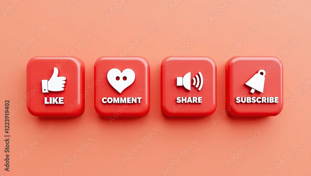 Poster red buttons display like comment share subscribe icons