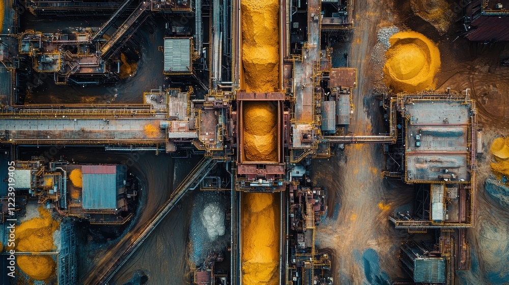 Poster aerial view of a large industrial mining complex, showing yellow ore processing. illustrates mining,