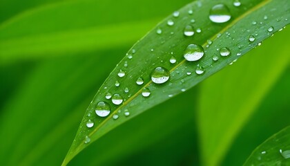 Naklejka premium Fresh Green Leaves with Dew Drops – Natural Rainwater Close-Up. 9