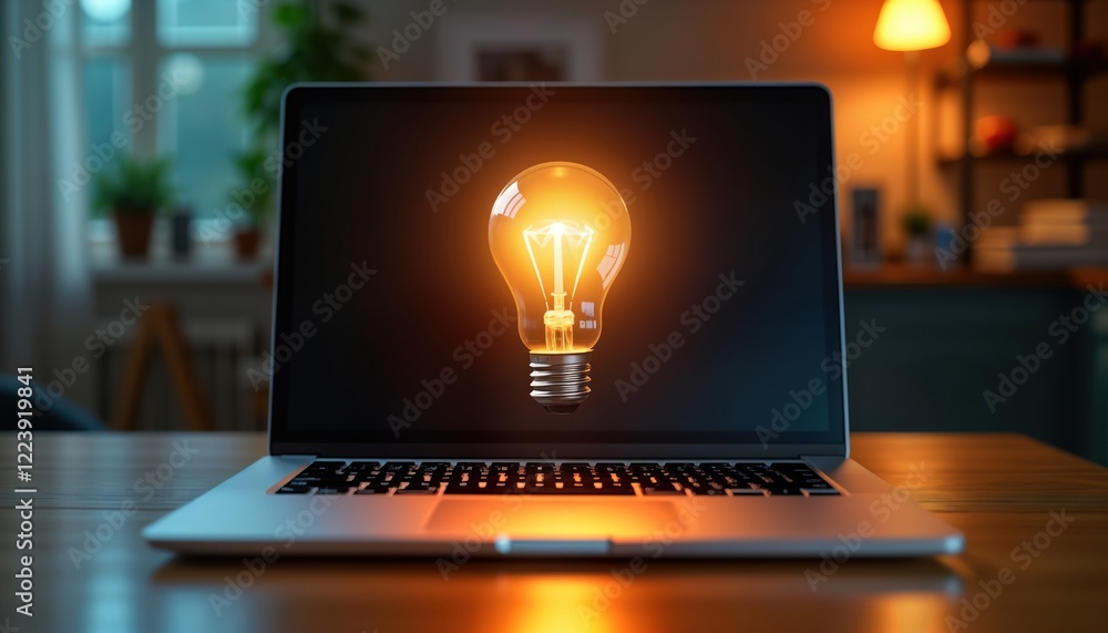 Poster laptop computer displays glowing light bulb. creative idea concept on screen. modern tech for innova