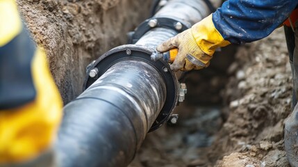 A close-up shot of a plumber repairing underground water pipes in a municipal infrastructure project, Municipal pipe repair scene, Practical and precise style