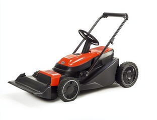 Fototapeta premium Red and black electric lawnmower isolated on white background.