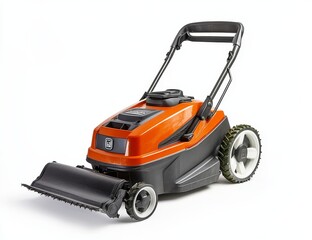 Orange robotic lawn mower isolated on white background.