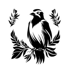 Black and White Bird Silhouette on Branch with Leaves: Elegant Nature Graphic Design