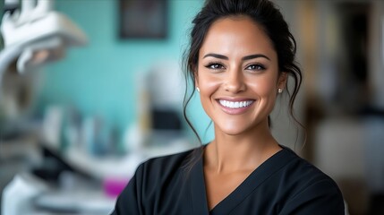 A woman in a black scrub top smiles at the camera