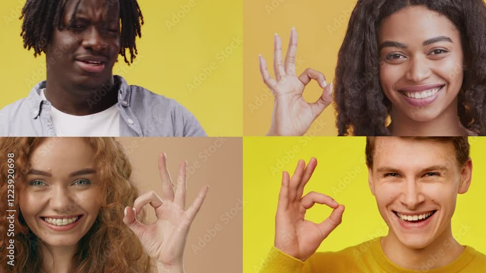 Poster a vibrant collection features four individuals showcasing joyful expressions and gestures against br