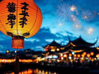 Obraz premium Wide festival scene, temples and traditional houses surrounded by lanterns, with dazzling fireworks illuminating the sky