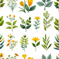 A pattern featuring various illustrated plants and flowers on a white background.