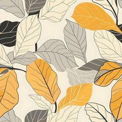 A pattern featuring various leaves in shades of orange, gray, and black on a light background.