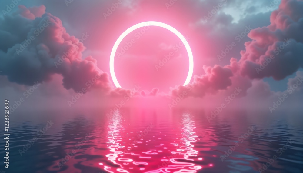 Poster pink neon circle glows on grey clouds background over water. calm serene design. soft pastel colors 