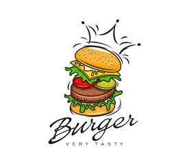 Burger icon, vector fast food meal featuring appetizing burger stacked with layers of lettuce, tomato, cheese, beef patty and pickles, topped with a sesame seed bun. Vector trendy restaurant emblem