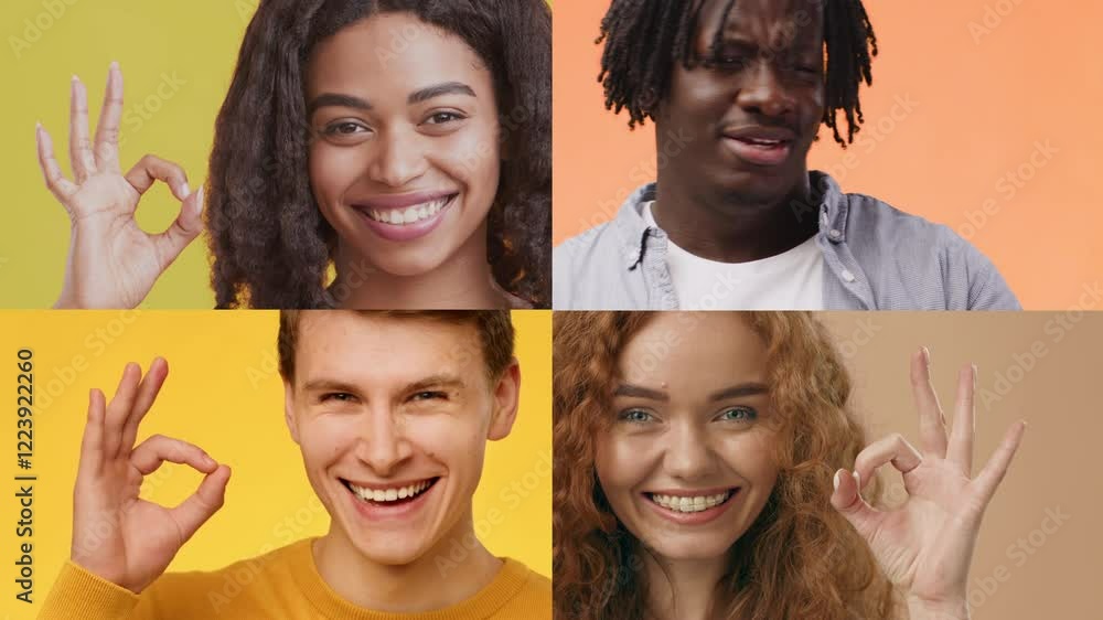 Poster A vibrant collage features individuals from various backgrounds displaying happy emotions through gestures. Each person conveys positivity, creating a lively atmosphere that celebrates diversity.