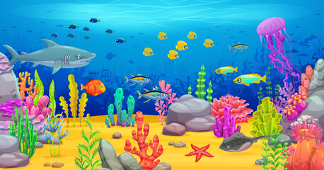 Cartoon underwater sea landscape game background. Vector vibrant game level scene featuring a variety of colorful fish, corals and marine life like shark, jellyfish, tuna and seaweeds ocean ecosystems