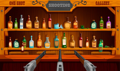 Western carnival shoot game or shooting range for amusement park, vector background. Wild West saloon or Western bar bottles on shelf for cartoon funfair carnival shooting gallery game or shoot range