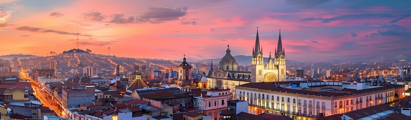 Obraz premium panoramic view of the cityscape at dusk with hues