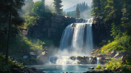 Fototapeta premium Majestic Waterfall in Lush Green Forest