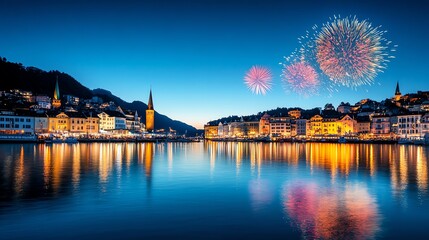 Fototapeta premium Dynamic multicolored fireworks illuminating a classic skyline, their reflections blending with softly glowing water below