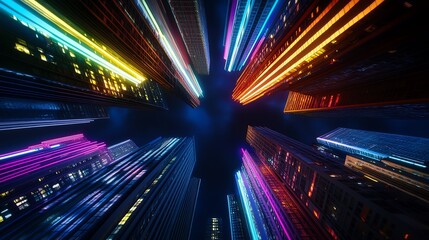 Fireworks reflecting on a glassy skyscraper skyline, vibrant explosions blending harmoniously with neon city lights