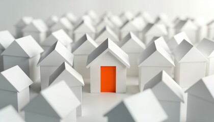 Fototapeta premium Illustration shows tiny white houses with one house bright orange door. Scene represents property. 3d model highlights single house standing out from collection of identical structures. Image conveys
