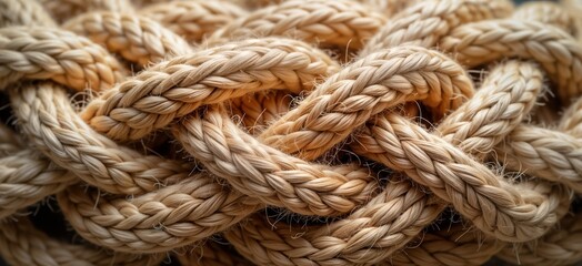 Fototapeta premium Closeup view of natural jute rope texture. Detailed view shows intricate braided rope design. Natural fiber material. Perfect for background pattern design. Good for creating trendy natural decor.