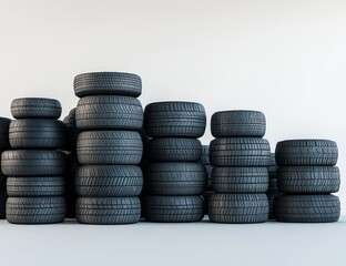 Stacks of used tires against a white wall.