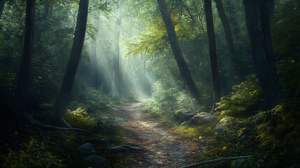 Obraz premium Perseverance Through Nature's Obstacles: Overcoming Challenges on a Winding Forest Path