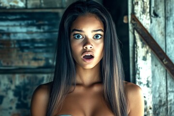 Naklejka premium Attractive very astonished mixed-race girl - for ads, brochure and web marketing use. Commercial promotion pattern. Long coiffure - straight hair. Vibrant colored hair styles. Long hair art.