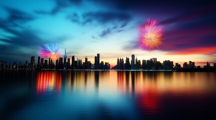 Fototapeta premium Futuristic city skyline alive with fireworks, neonlit buildings reflecting bursts of red, blue, and gold in the sky