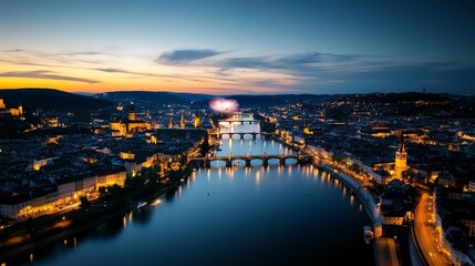 Historical city skyline lit by vibrant fireworks, layers of gold and red bursting above cobblestone streets and rivers