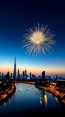 Fototapeta premium Golden fireworks illuminating a classic skyline, soft reflections glowing on riverbanks below, blending elegance with vibrancy