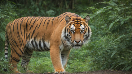A majestic tiger amidst a lush green forest, showing off its striking orange and black stripes among the colorful leaves