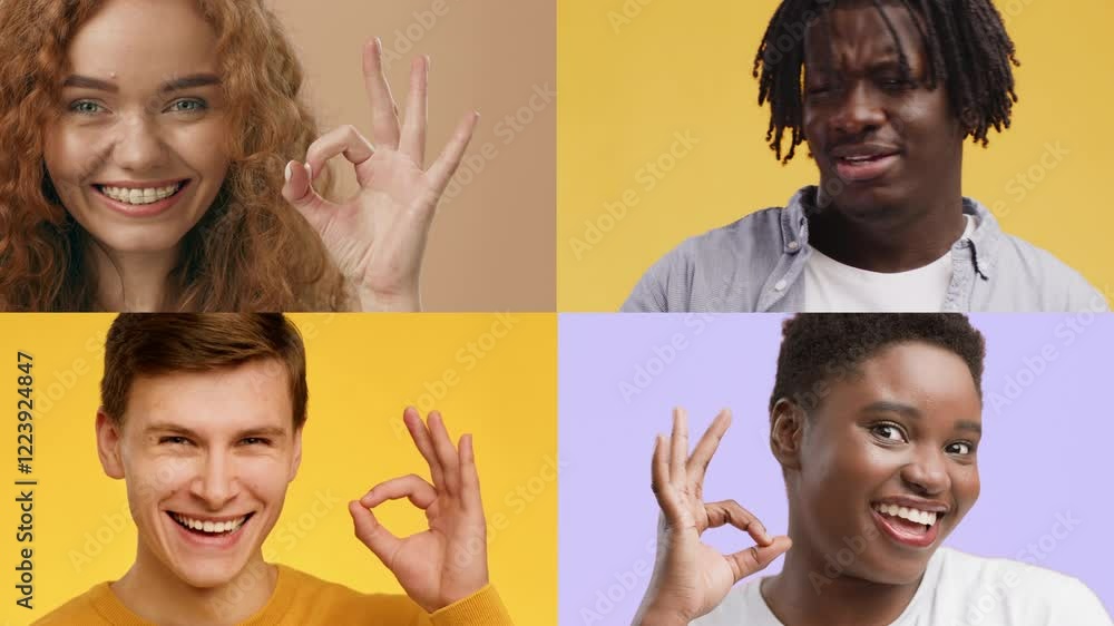 Poster A collection of four people showcasing diverse emotions and gestures. Each person radiates joy and positivity against vibrant backgrounds, creating an uplifting atmosphere.