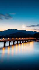 Lanterncovered bridge stretching across a river, golden reflections shimmering below, with distant fireworks creating a festive atmosphere