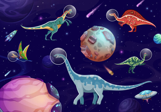 Cartoon dinosaur astronauts in outer space. Vector dino characters in helmets, surrounded by stars, planets, constellations and comets. Playful imaginative prehistoric creatures exploring the universe