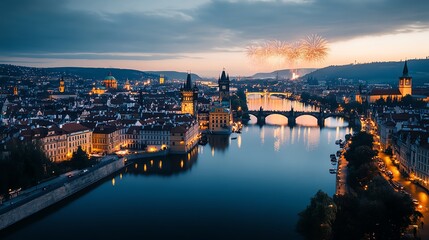 Fototapeta premium Historical city skyline lit by vibrant fireworks, layers of gold and red bursting above cobblestone streets and rivers