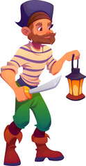 Cartoon pirate or corsair character with lantern and saber sword, vector character. Caribbean pirate skipper or corsair boatswain character from treasure island with fire lantern in tricorne hat