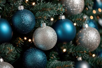 Close Up of Sparkling Blue and Silver Holiday Ornaments on a Decorated Tree
