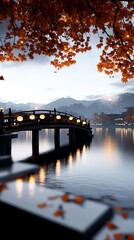 Lanterncovered bridge stretching across a river, golden reflections shimmering below, with distant fireworks creating a festive atmosphere