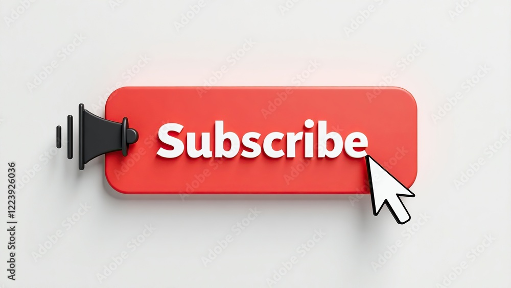 Poster red subscribe button with megaphone and cursor