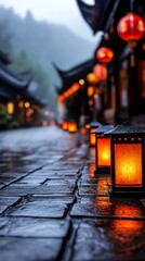 Night street scene filled with lanterns, glowing softly in the misty air, a quiet yet magical festive atmosphere with traditional architecture