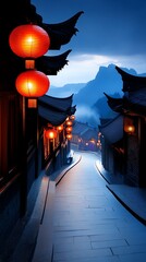 Naklejka premium Night street scene filled with lanterns, glowing softly in the misty air, a quiet yet magical festive atmosphere with traditional architecture