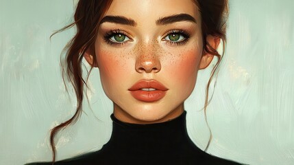 Fototapeta premium Close Up Portrait of a Young Woman with Freckles and Green Eyes