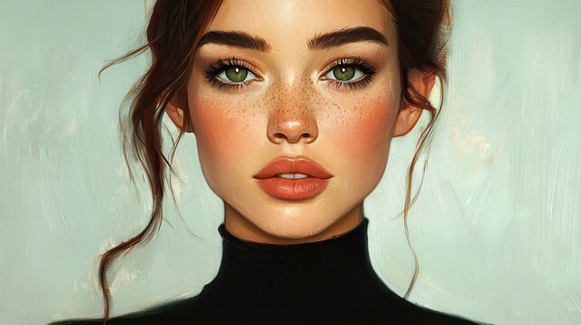 Close Up Portrait of a Young Woman with Freckles and Green Eyes