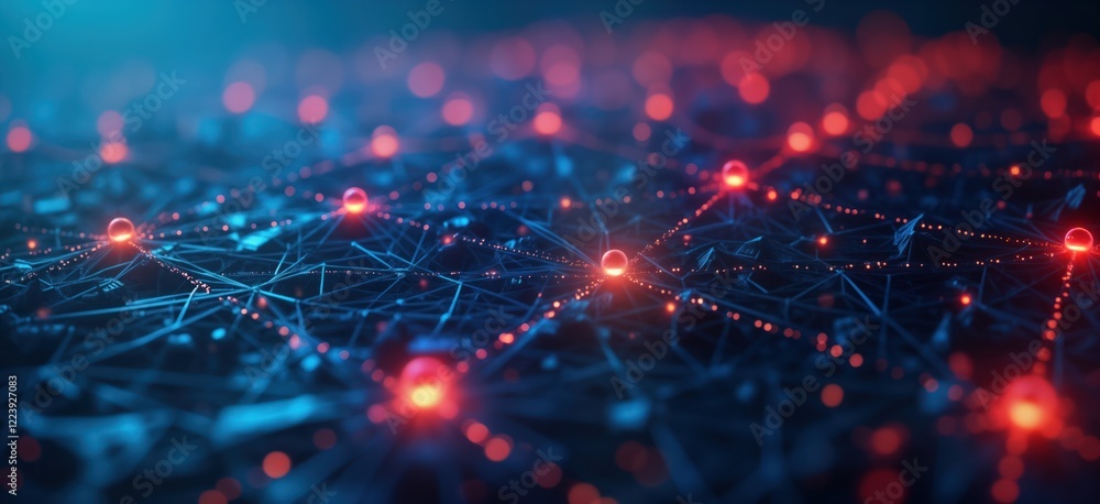 Poster Abstract digital network visualization shows glowing nodes, connections. Network flow of data, tech. Blue, red lights create dynamic pattern. Visual representation of complex cyber system. Futuristic