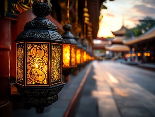 Pathway of hanging lanterns leading to a grand temple, golden light blending harmoniously with intricate designs