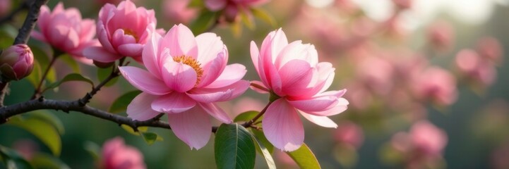 Obraz premium Soft pink peony blossoms unfold on the tree's branches, blossom, peony tree