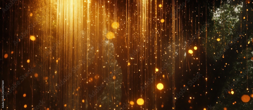 Poster golden light rays and bokeh effect.