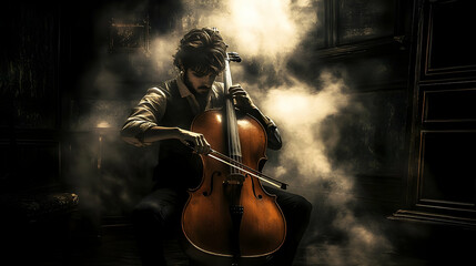 Fototapeta premium A musician playing a cello in a smoky, atmospheric setting.